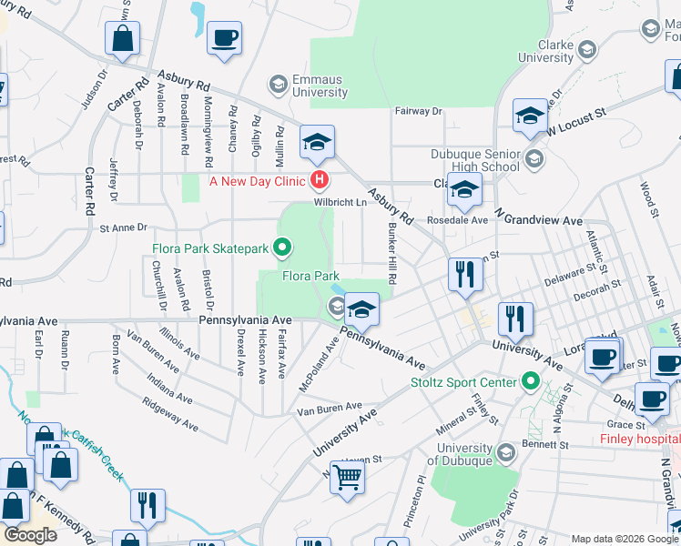 map of restaurants, bars, coffee shops, grocery stores, and more near Flora Park Drive in Dubuque