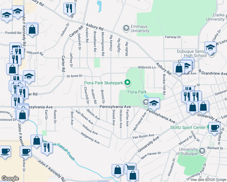 map of restaurants, bars, coffee shops, grocery stores, and more near 1810 Chaney Road in Dubuque