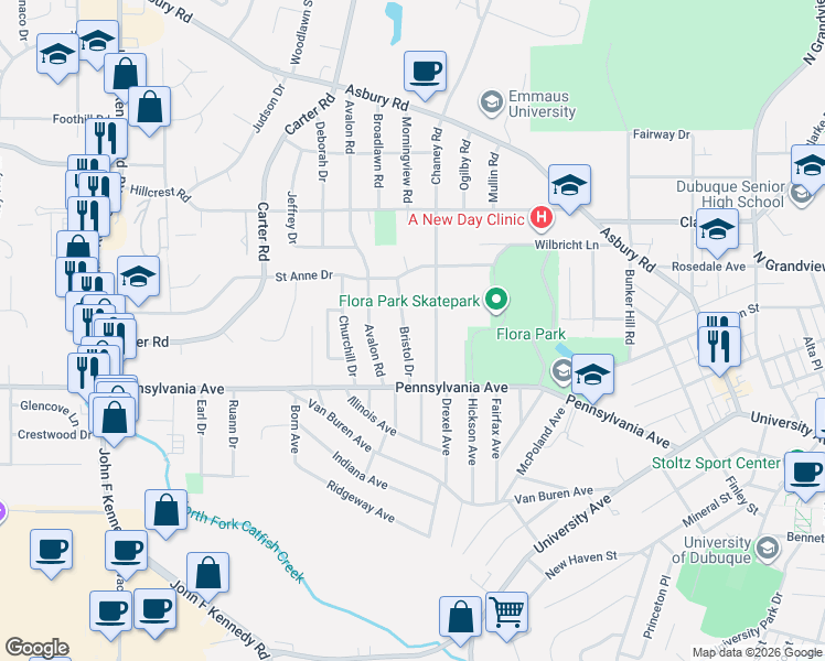 map of restaurants, bars, coffee shops, grocery stores, and more near 1805 Bristol Drive in Dubuque