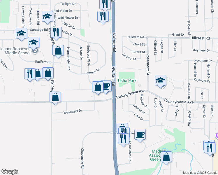 map of restaurants, bars, coffee shops, grocery stores, and more near Northwest Arterial in Dubuque