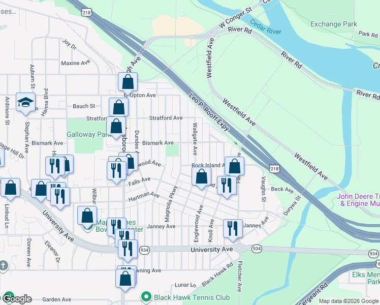 map of restaurants, bars, coffee shops, grocery stores, and more near 707 Magnolia Parkway in Waterloo