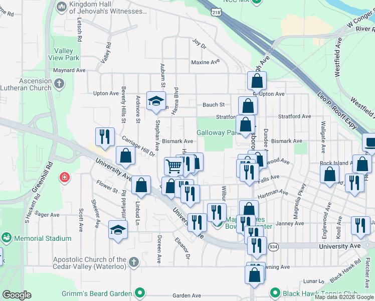 map of restaurants, bars, coffee shops, grocery stores, and more near 702 Maxwell Street in Waterloo