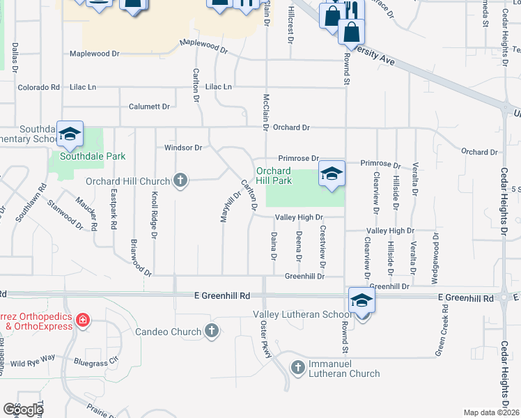 map of restaurants, bars, coffee shops, grocery stores, and more near 3921 Carlton Drive in Cedar Falls