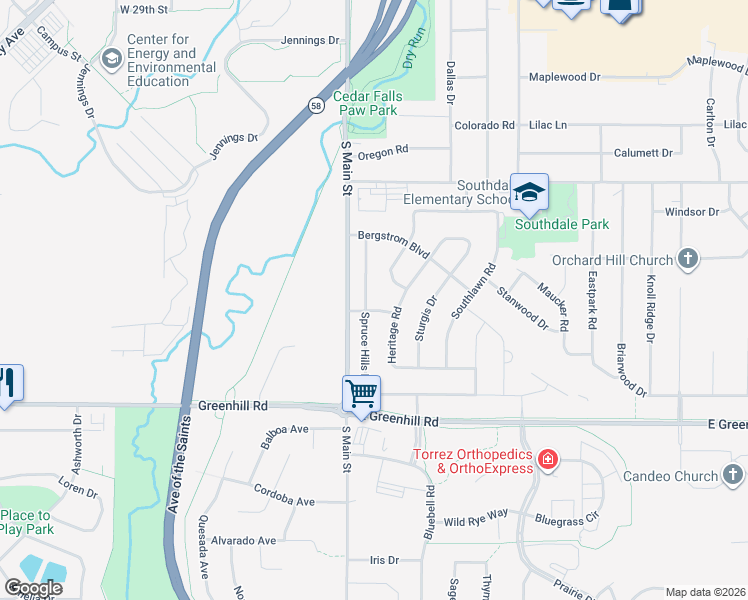 map of restaurants, bars, coffee shops, grocery stores, and more near 3922 Spruce Hills Drive in Cedar Falls
