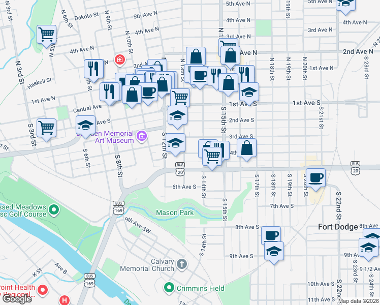 map of restaurants, bars, coffee shops, grocery stores, and more near 317 South 13th Street in Fort Dodge