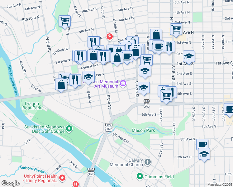 map of restaurants, bars, coffee shops, grocery stores, and more near 904 3rd Avenue North in Fort Dodge