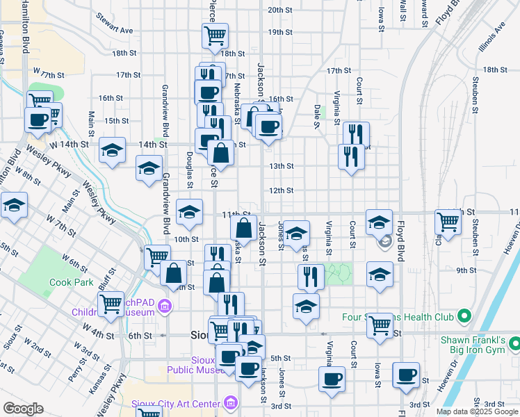 map of restaurants, bars, coffee shops, grocery stores, and more near 1121 Jackson Street in Sioux City