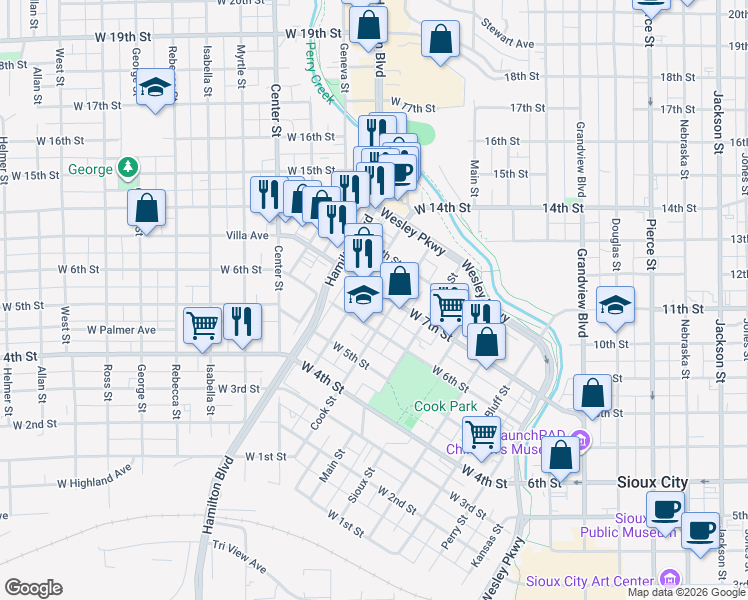 map of restaurants, bars, coffee shops, grocery stores, and more near 753-799 W 7th St in Sioux City