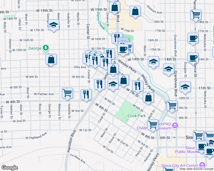 map of restaurants, bars, coffee shops, grocery stores, and more near 729 Hamilton Blvd in Sioux City