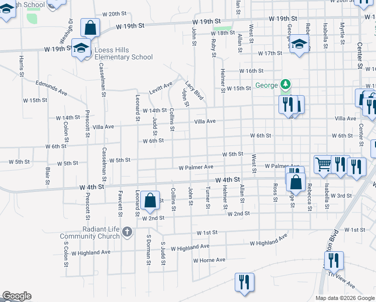 map of restaurants, bars, coffee shops, grocery stores, and more near 2116 West 6th Street in Sioux City