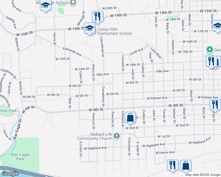 map of restaurants, bars, coffee shops, grocery stores, and more near 2500-2598 W 6th St in Sioux City