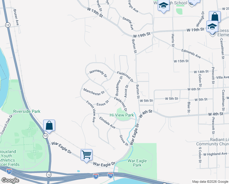 map of restaurants, bars, coffee shops, grocery stores, and more near 616 Broadmoor Street in Sioux City