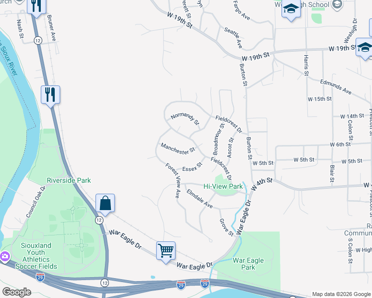 map of restaurants, bars, coffee shops, grocery stores, and more near 4000 Fieldcrest Drive in Sioux City