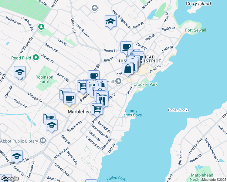 map of restaurants, bars, coffee shops, grocery stores, and more near 188 Washington Street in Marblehead