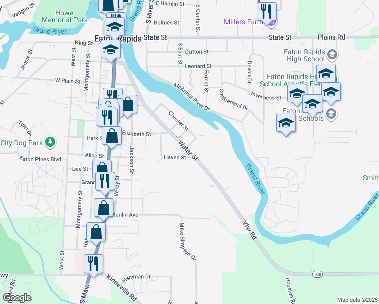 map of restaurants, bars, coffee shops, grocery stores, and more near 1248 Water Street in Eaton Rapids