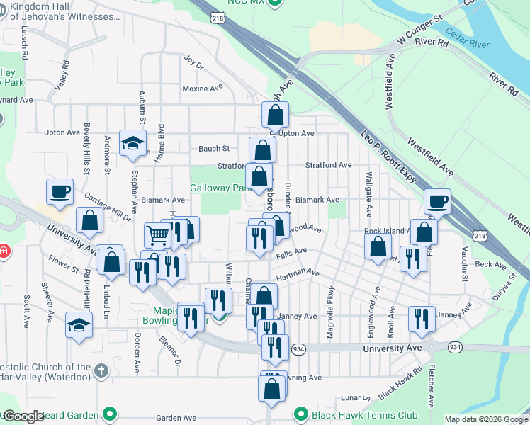 map of restaurants, bars, coffee shops, grocery stores, and more near 706 Ansborough Avenue in Waterloo