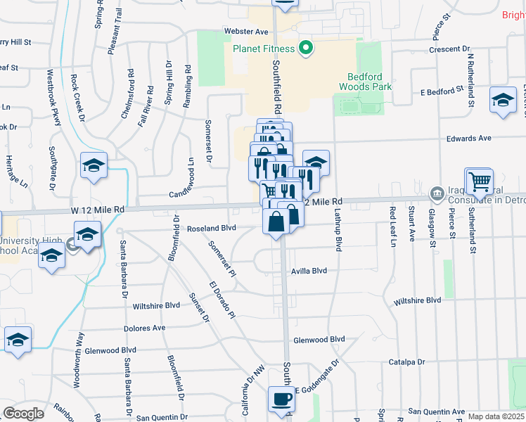 map of restaurants, bars, coffee shops, grocery stores, and more near 28939 Southfield Road in Lathrup Village