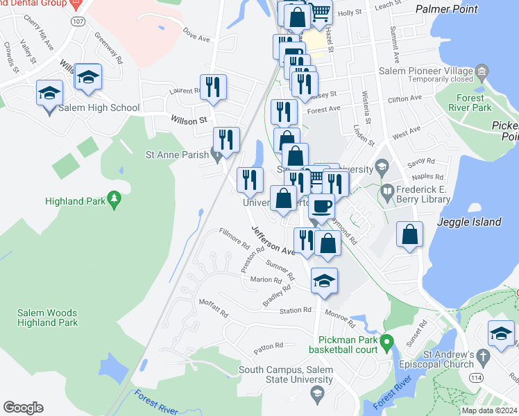 map of restaurants, bars, coffee shops, grocery stores, and more near 2 Adams Street in Salem