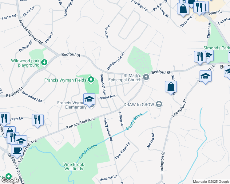 map of restaurants, bars, coffee shops, grocery stores, and more near 13 Algonquin Drive in Burlington