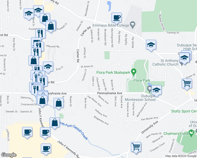 map of restaurants, bars, coffee shops, grocery stores, and more near 1806 Churchill Drive in Dubuque