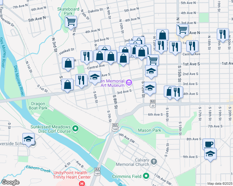 map of restaurants, bars, coffee shops, grocery stores, and more near 824 3rd Avenue South in Fort Dodge