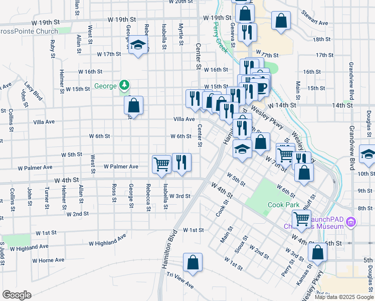 map of restaurants, bars, coffee shops, grocery stores, and more near 1117 West 5th Street in Sioux City