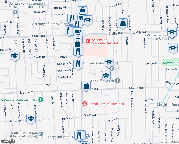 map of restaurants, bars, coffee shops, grocery stores, and more near 28250 Hoover Road in Warren