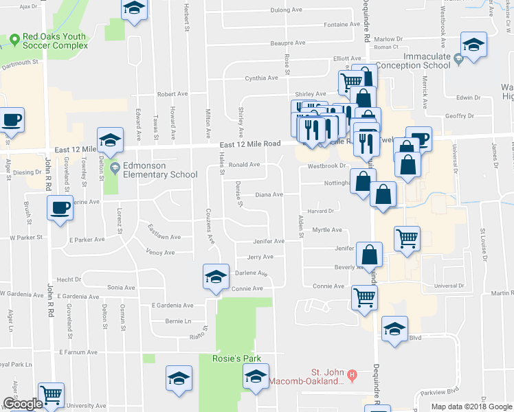 map of restaurants, bars, coffee shops, grocery stores, and more near 28584 Denise Street in Madison Heights