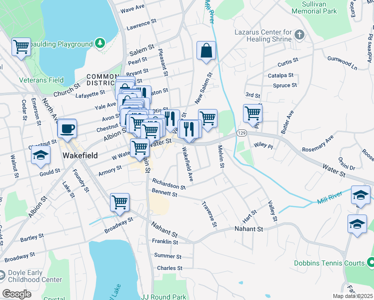 map of restaurants, bars, coffee shops, grocery stores, and more near 111 Water Street in Wakefield