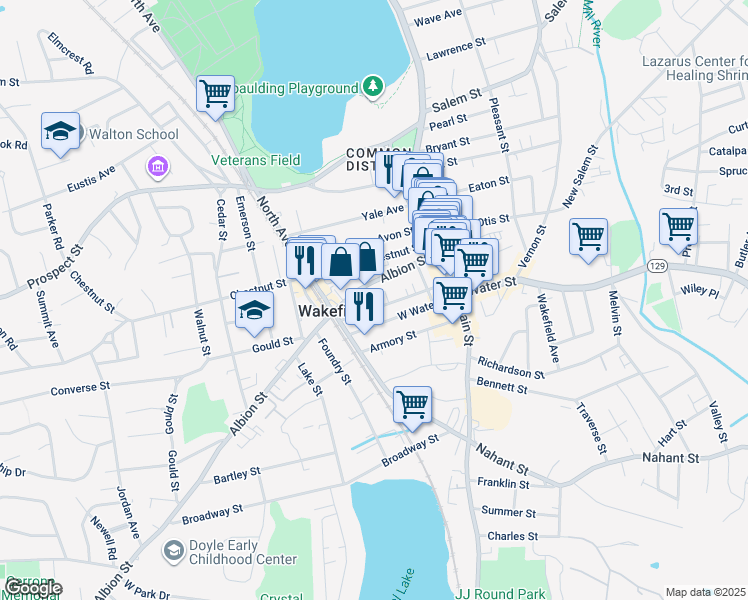 map of restaurants, bars, coffee shops, grocery stores, and more near 74 Albion Street in Wakefield