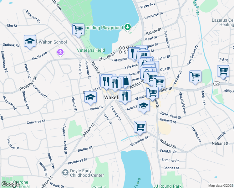 map of restaurants, bars, coffee shops, grocery stores, and more near in Wakefield
