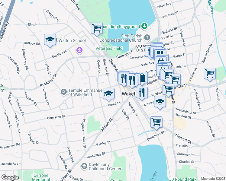 map of restaurants, bars, coffee shops, grocery stores, and more near 46 Chestnut Street in Wakefield
