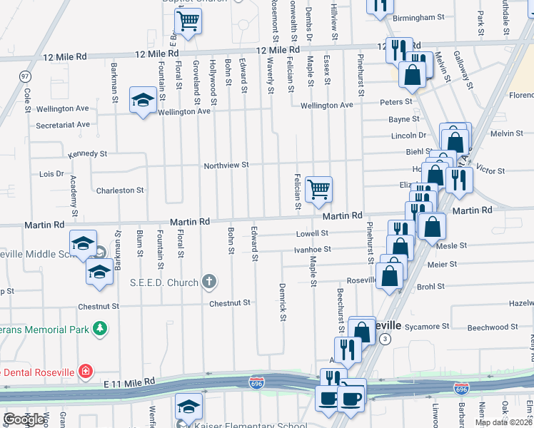 map of restaurants, bars, coffee shops, grocery stores, and more near 28032 Rosemont Street in Roseville