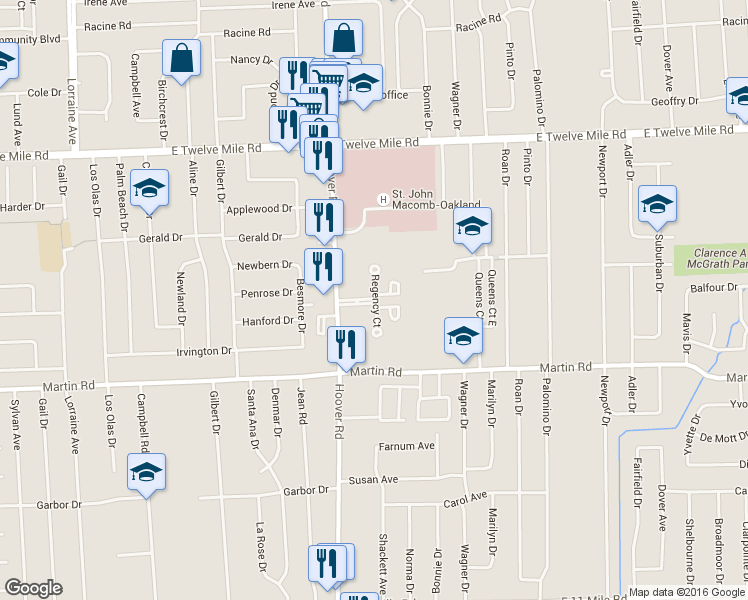 map of restaurants, bars, coffee shops, grocery stores, and more near 28442 Regency Court in Warren