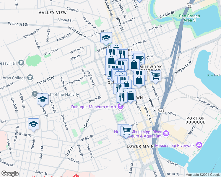 map of restaurants, bars, coffee shops, grocery stores, and more near 255 West 10th Street in Dubuque