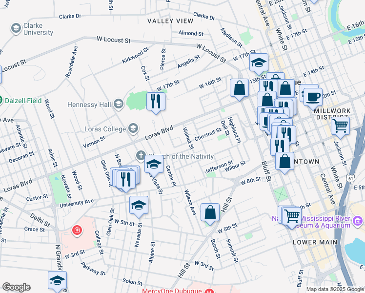 map of restaurants, bars, coffee shops, grocery stores, and more near 1251 Walnut Street in Dubuque