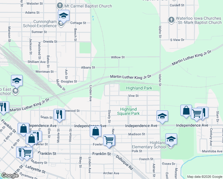 map of restaurants, bars, coffee shops, grocery stores, and more near 133 Lewis Street in Waterloo