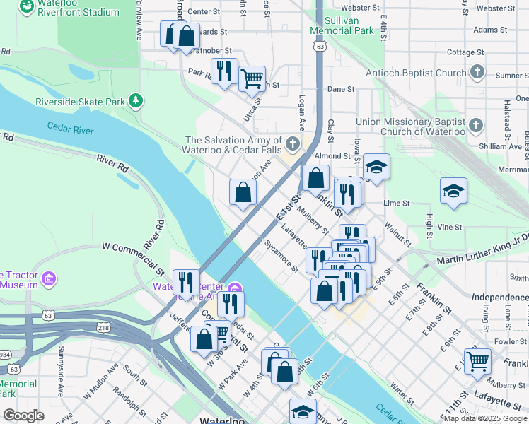 map of restaurants, bars, coffee shops, grocery stores, and more near 107 Lafayette Street in Waterloo