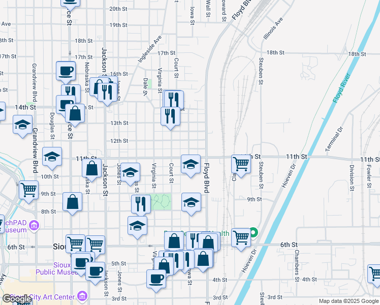 map of restaurants, bars, coffee shops, grocery stores, and more near 1114 Iowa Street in Sioux City