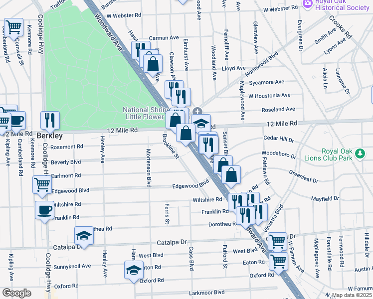 map of restaurants, bars, coffee shops, grocery stores, and more near 28913 Woodward Avenue in Berkley
