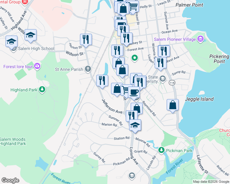 map of restaurants, bars, coffee shops, grocery stores, and more near 5 Kimball Road in Salem