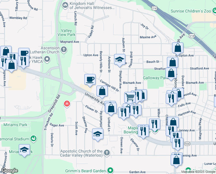 map of restaurants, bars, coffee shops, grocery stores, and more near 1701 Carriage Hill Drive in Waterloo