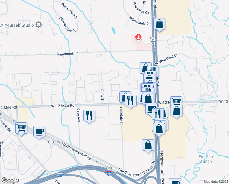 map of restaurants, bars, coffee shops, grocery stores, and more near 25018 Chambley Drive in Southfield