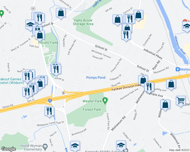 map of restaurants, bars, coffee shops, grocery stores, and more near 38 Alfred Street in Woburn