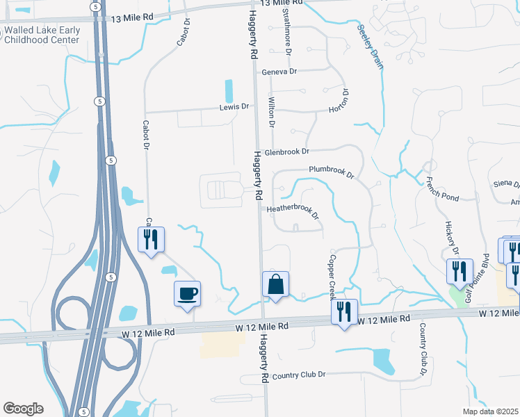 map of restaurants, bars, coffee shops, grocery stores, and more near 28457 Haggerty Road in Farmington Hills