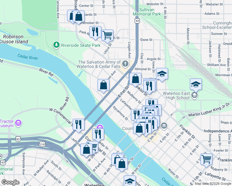 map of restaurants, bars, coffee shops, grocery stores, and more near 107 Lafayette Street in Waterloo