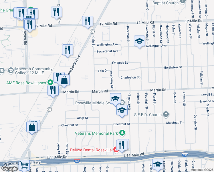 map of restaurants, bars, coffee shops, grocery stores, and more near 16156 Betty Court in Roseville