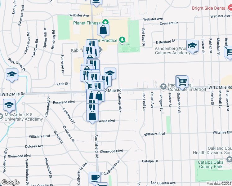 map of restaurants, bars, coffee shops, grocery stores, and more near 17535 West 12 Mile Road in Southfield