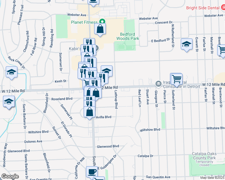 map of restaurants, bars, coffee shops, grocery stores, and more near 17535 West 12 Mile Road in Southfield