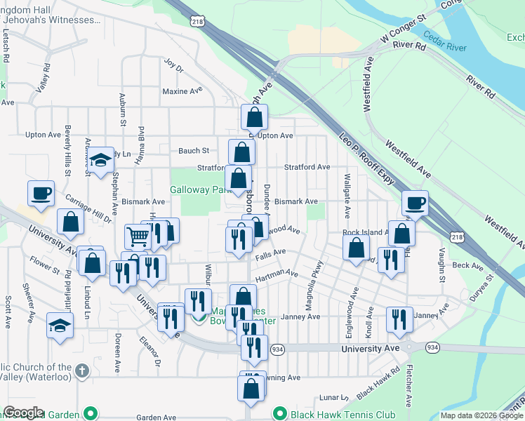 map of restaurants, bars, coffee shops, grocery stores, and more near 803 Bismark Avenue in Waterloo